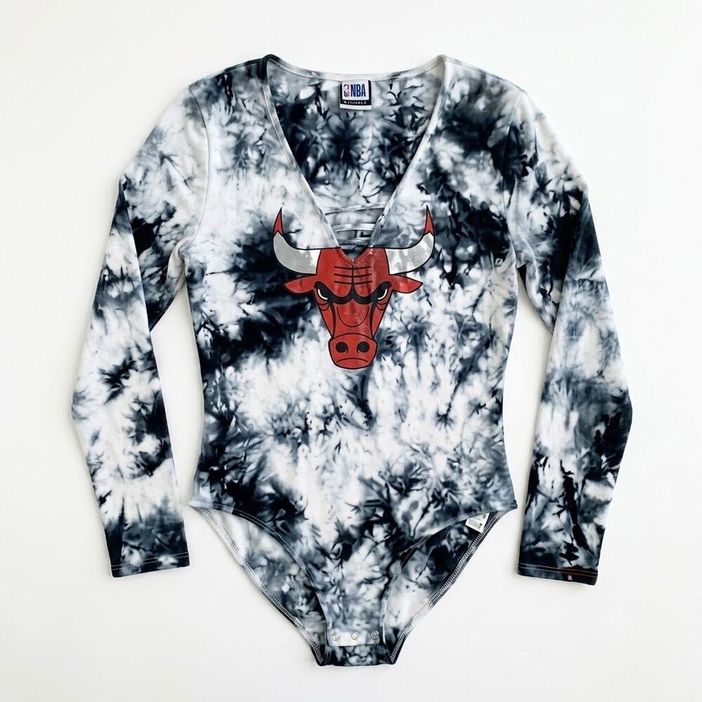 NBA Chicago Bulls Tie Dye Bodysuit V Neck Black Gray Red Womens Plus Size 2X
